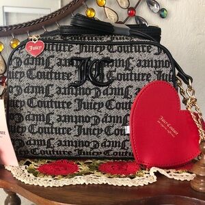 NWT Juicy Couture Black Beige Camera Crossbody w/ Red Heart Coin Purse Set